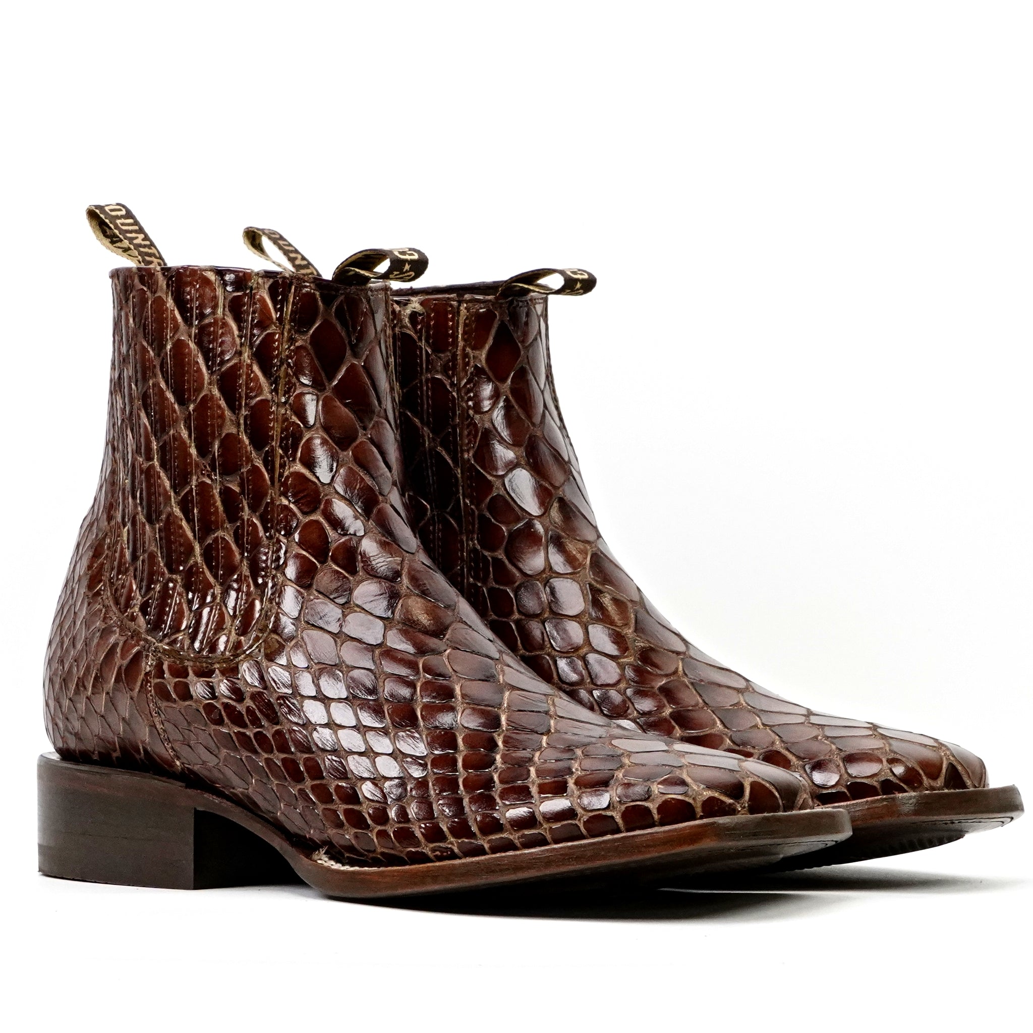 Cognac Snake Ankle Boots - Embossed Leather - Square Toe (E955)