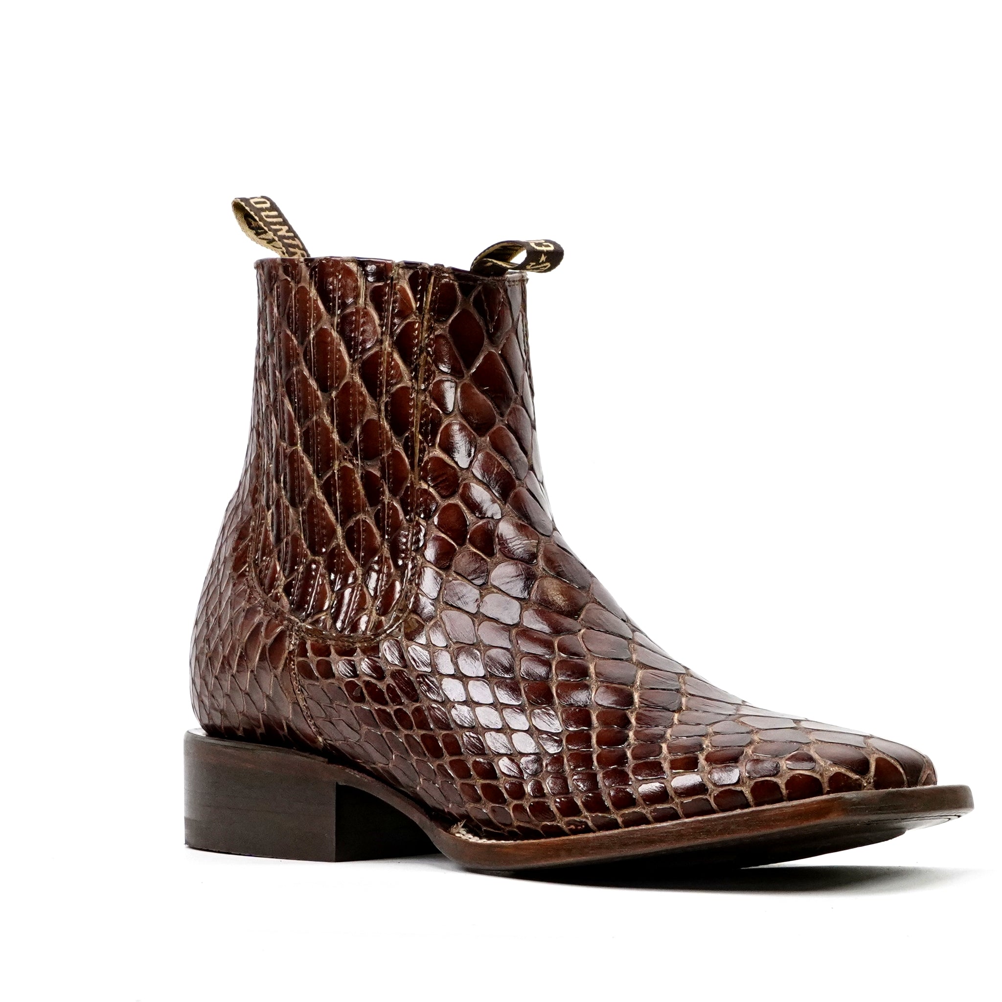 Cognac Snake Ankle Boots - Embossed Leather - Square Toe (E955)