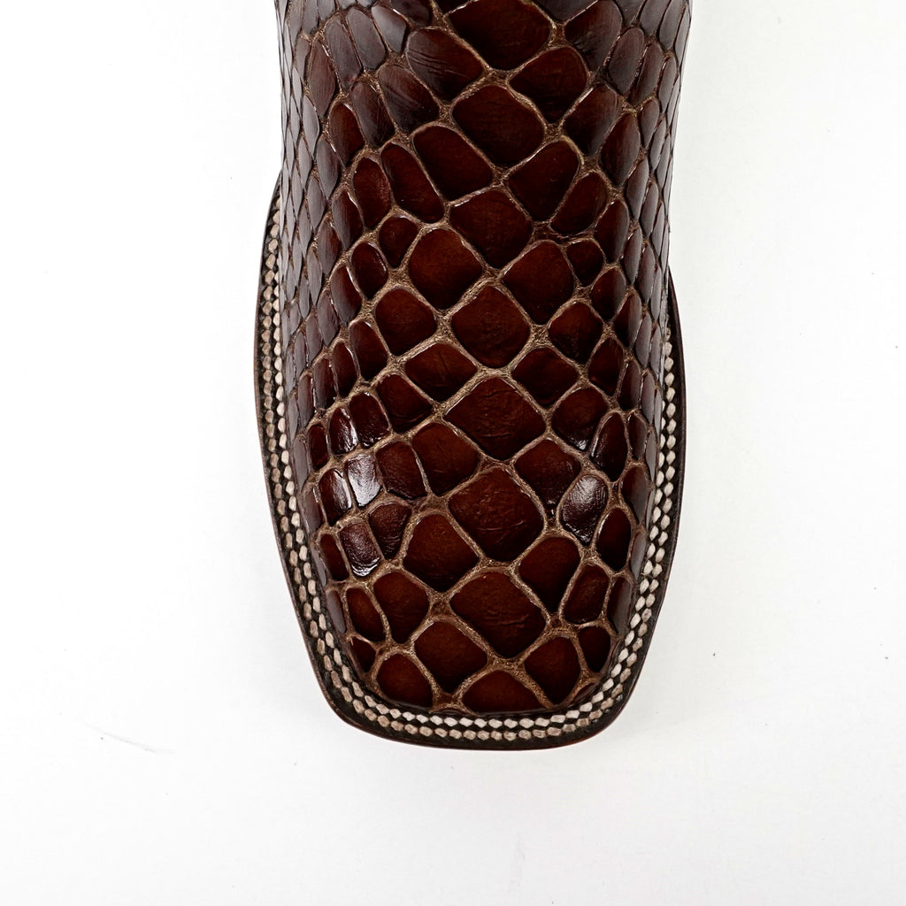 Cognac Snake Ankle Boots - Embossed Leather - Square Toe (E955)