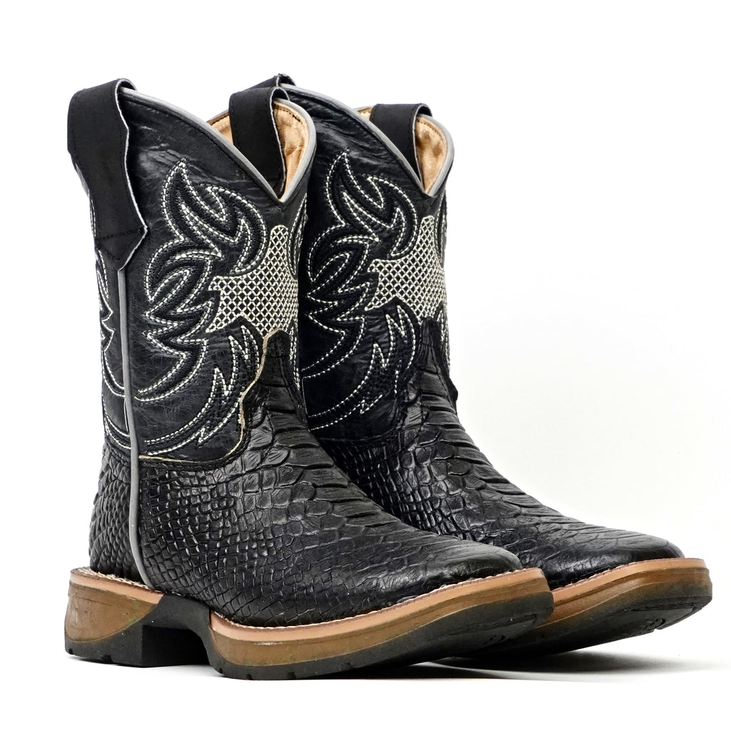 Kids Python Black Boots - Embossed Leather - Square Toe