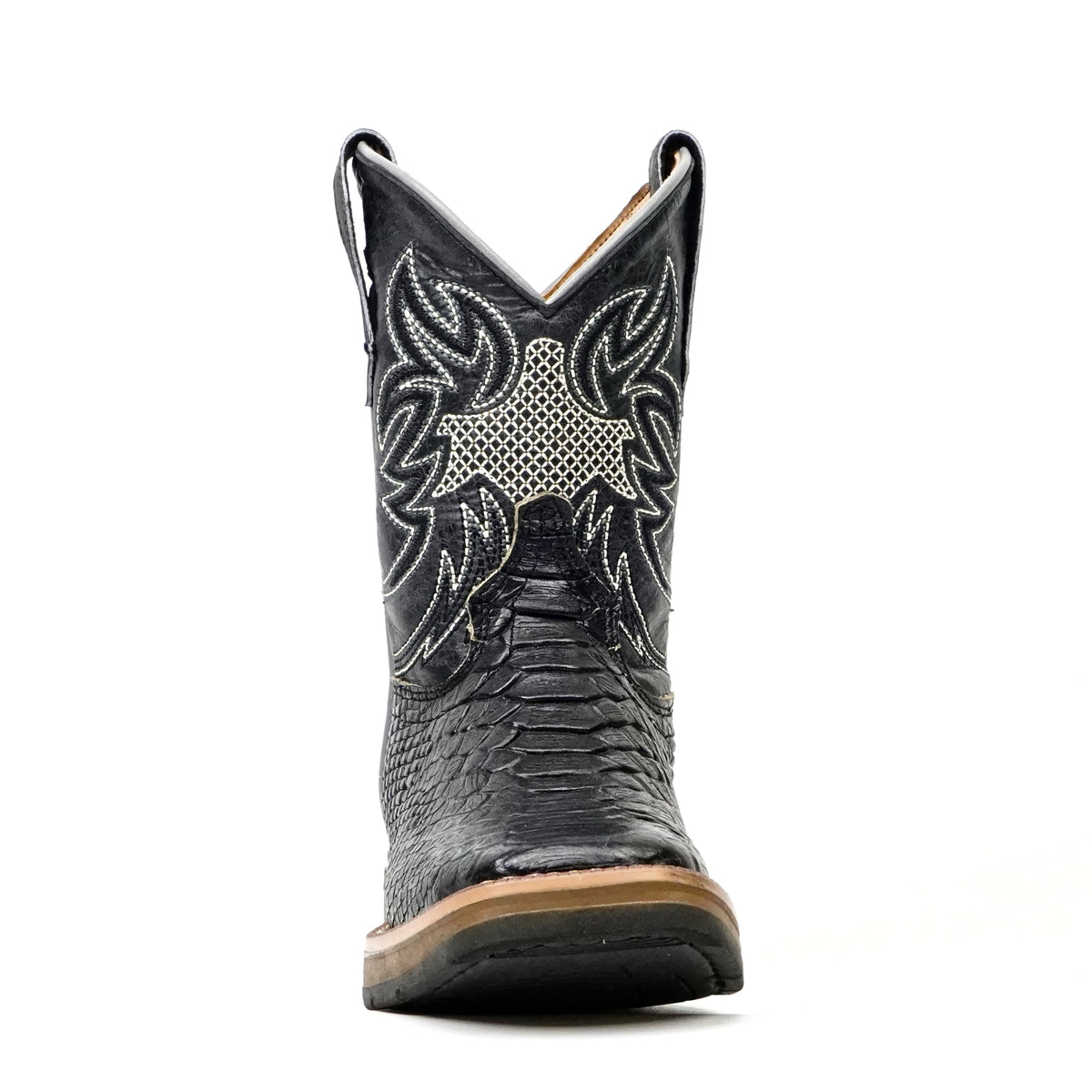 Kids Python Black Boots - Embossed Leather - Square Toe