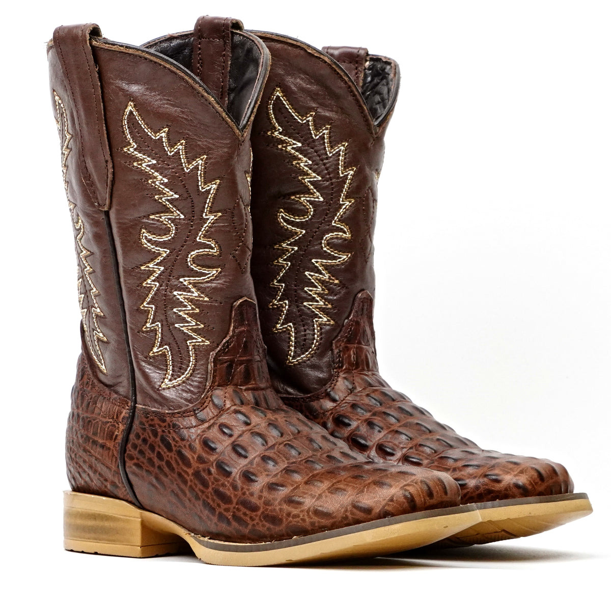 Botas Infantiles con Punta Cuadrada Chocolate y Estampado de Caimán