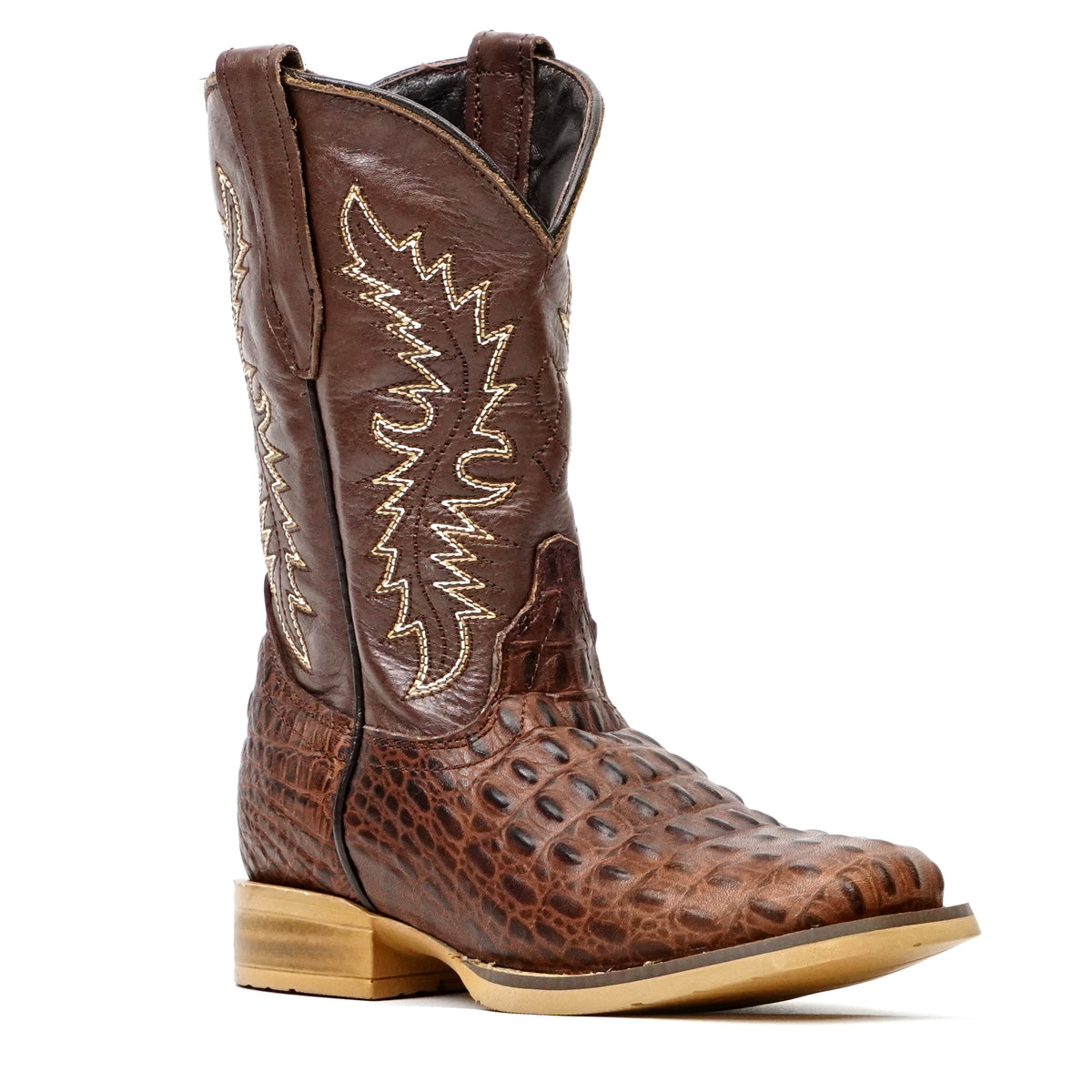Botas Infantiles con Punta Cuadrada Chocolate y Estampado de Caimán
