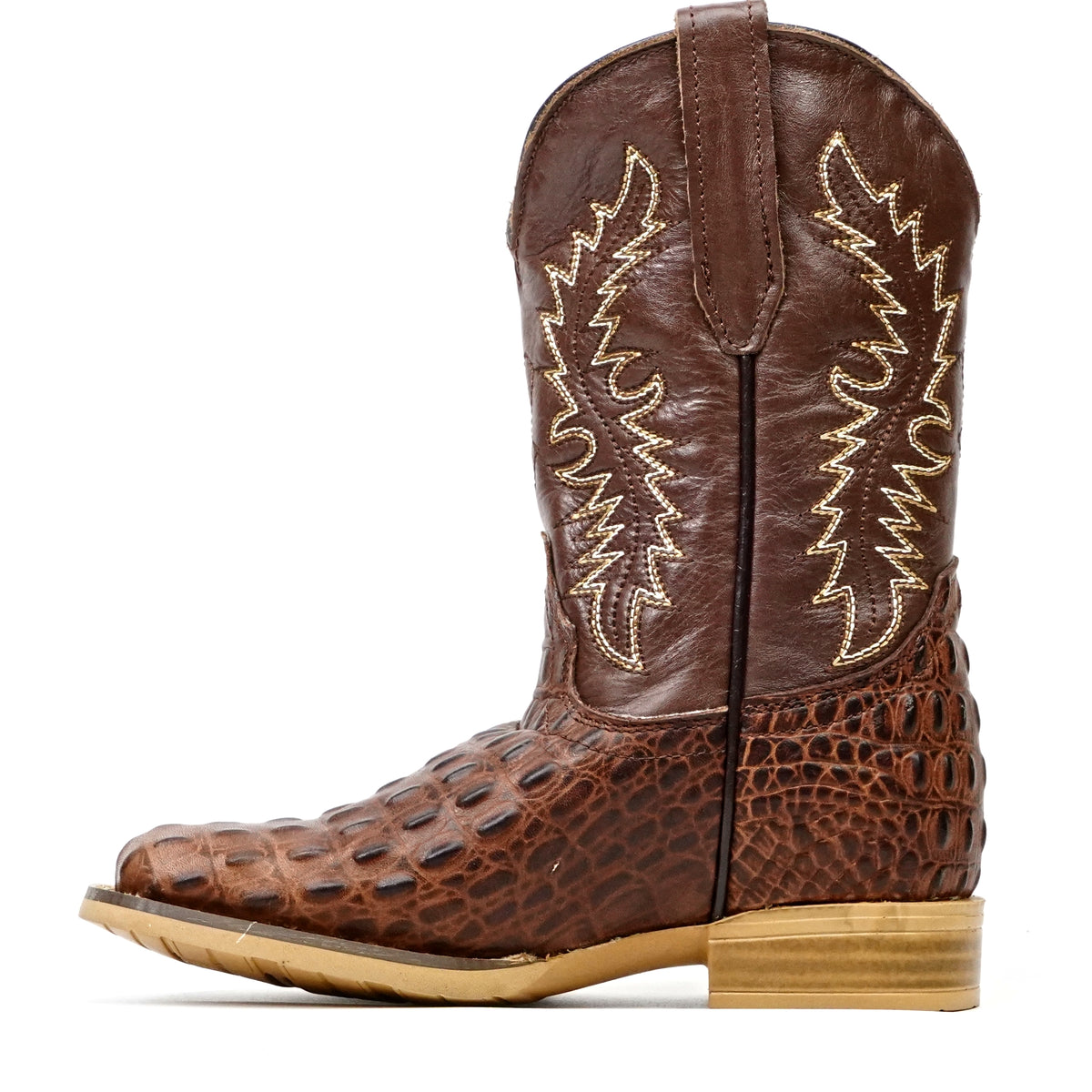 Botas Infantiles con Punta Cuadrada Chocolate y Estampado de Caimán