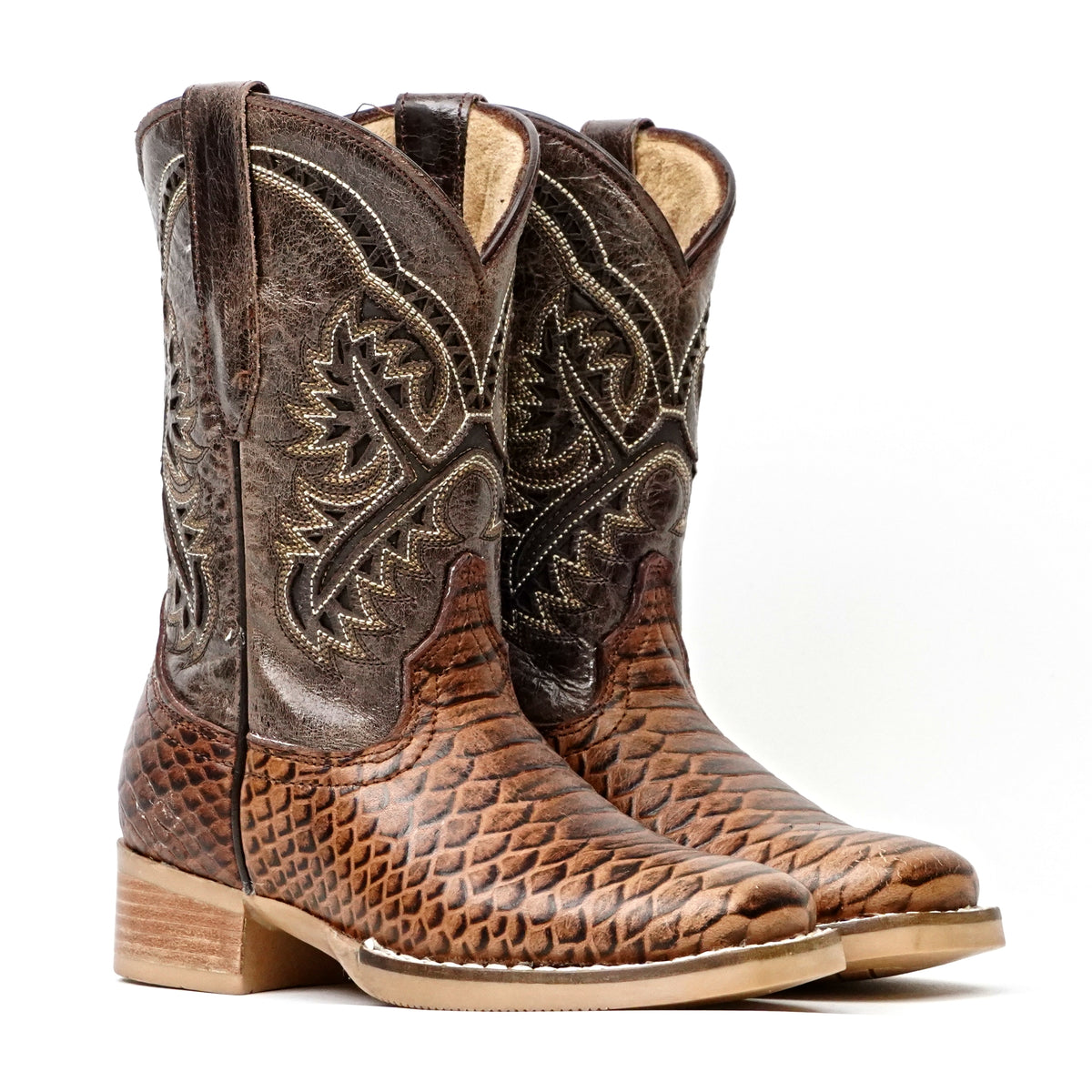 Kids Python Choco Boots - Embossed Leather - Square Toe (K11-1)