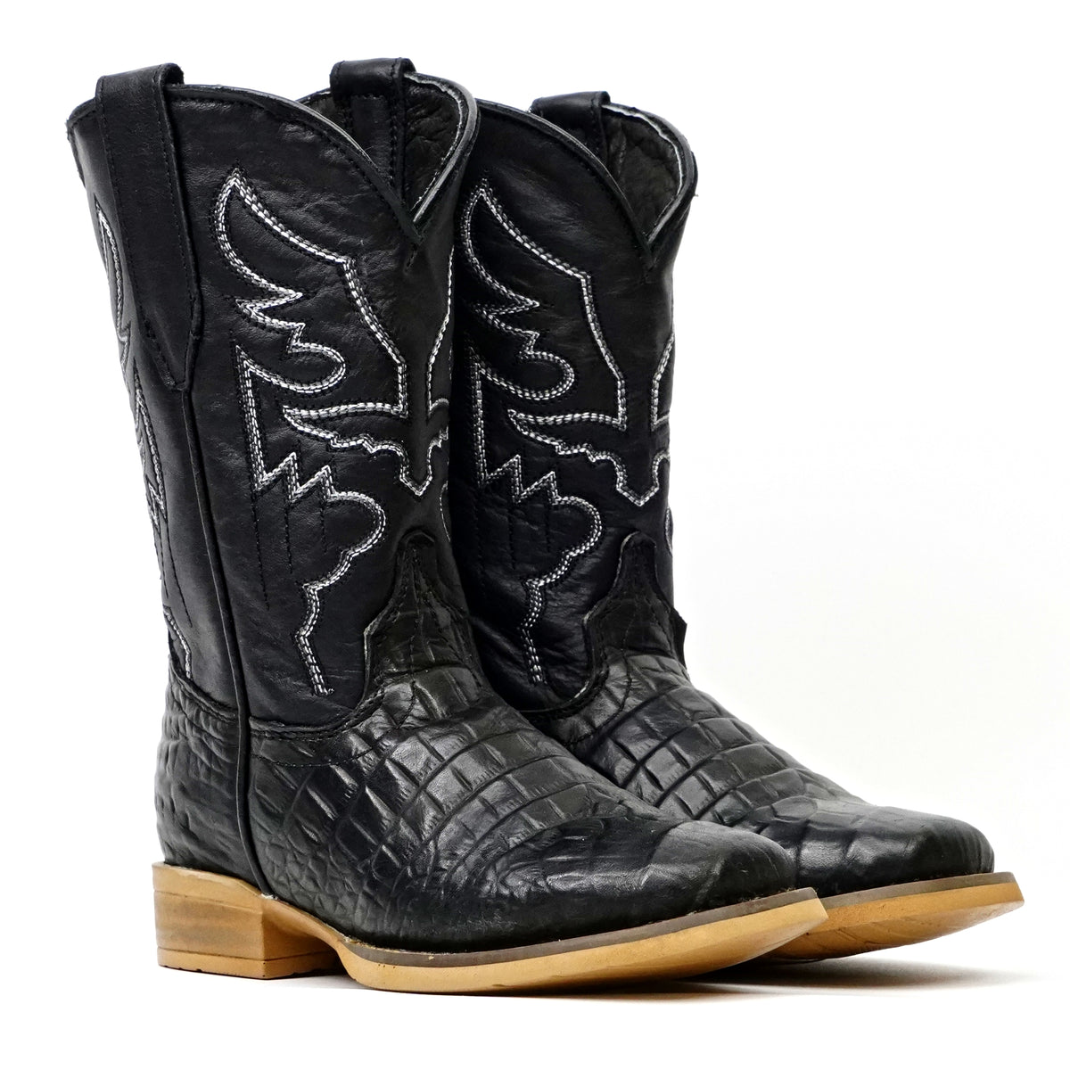 Kids Alligator Belly Black Boots - Embossed Leather - Square Toe (K27-1)