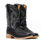 Kids Pirarucu Fish Black Boots - Embossed Leather - Square Toe (K92-1)