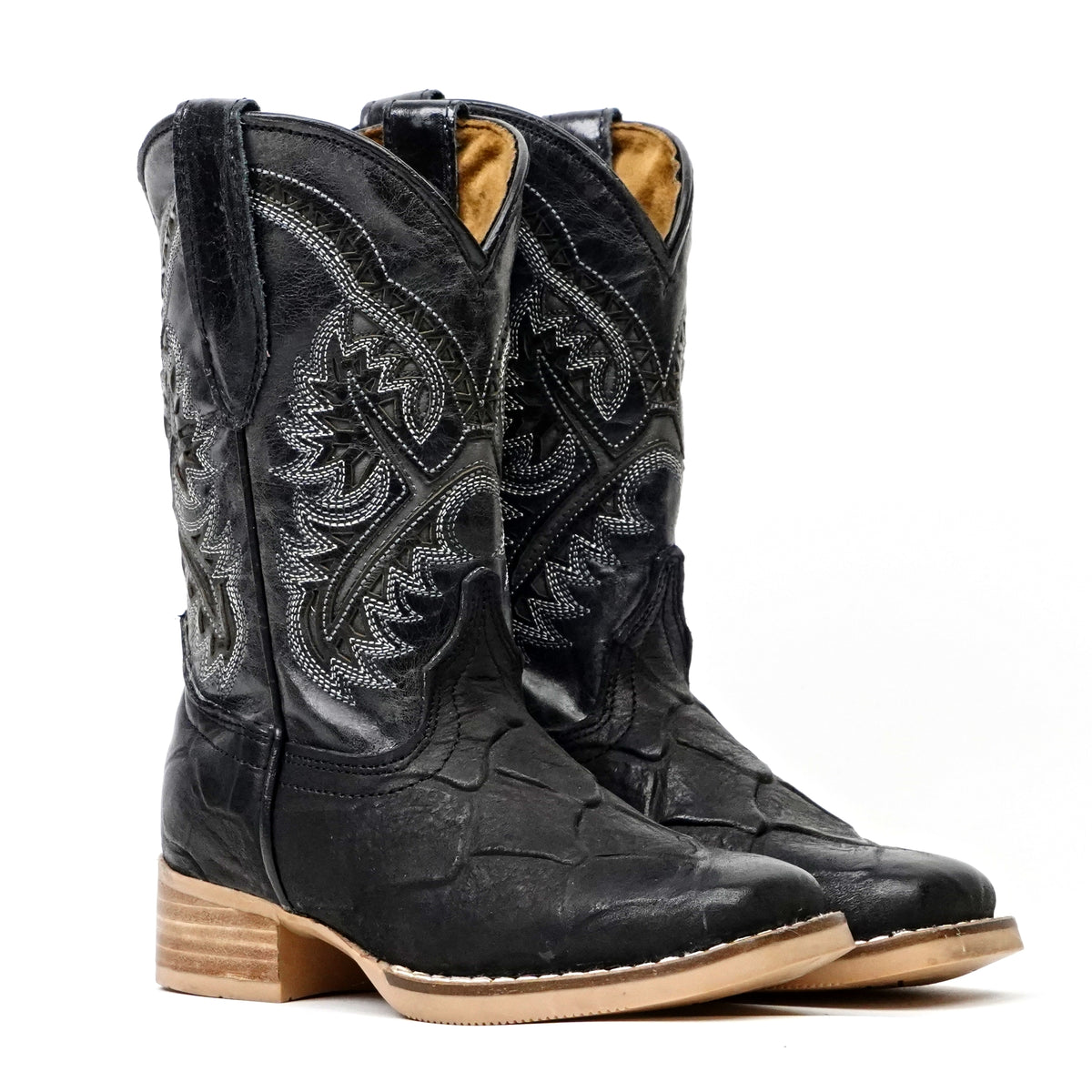 Kids Pirarucu Fish Black Boots - Embossed Leather - Square Toe (K92-1)