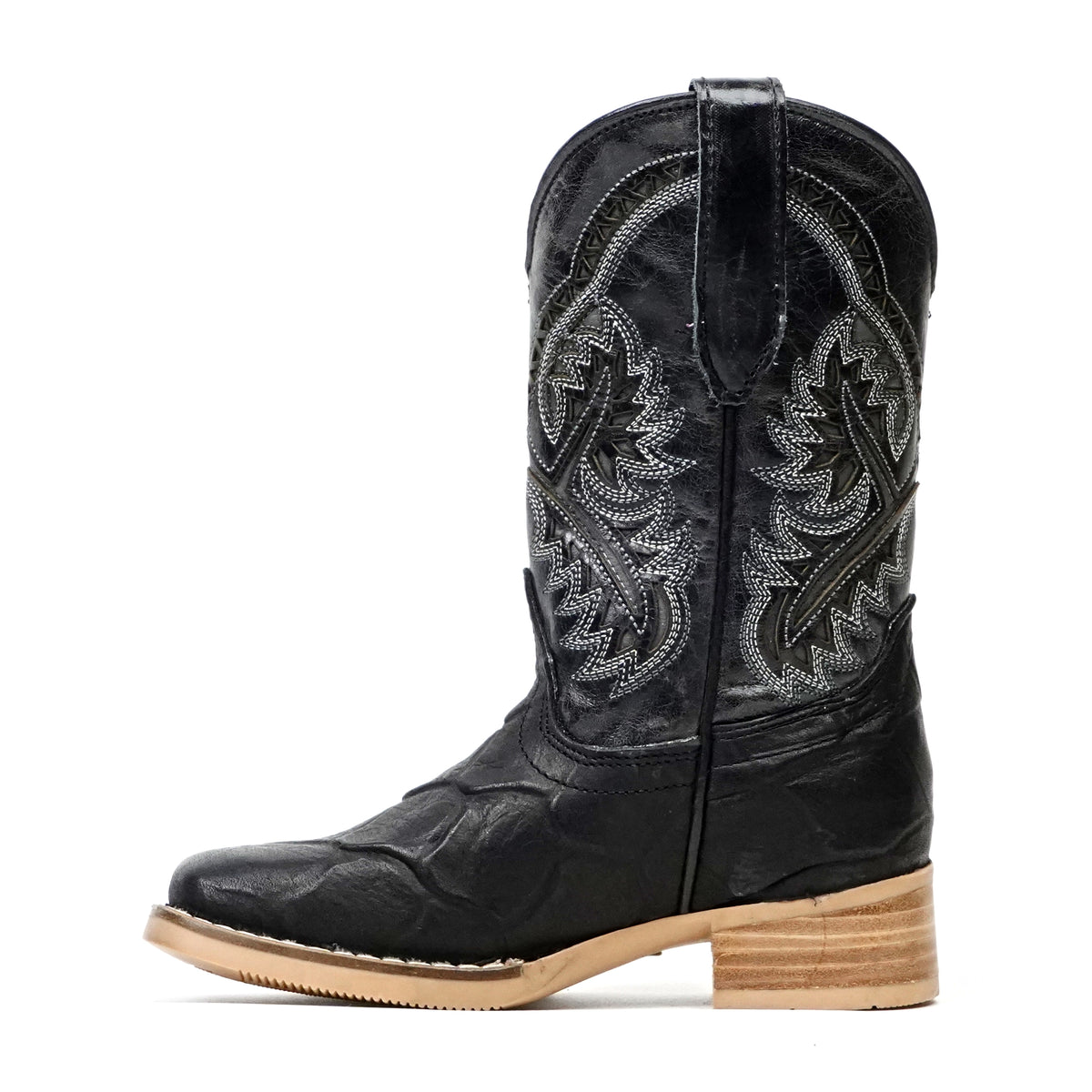 Kids Pirarucu Fish Black Boots - Embossed Leather - Square Toe (K92-1)
