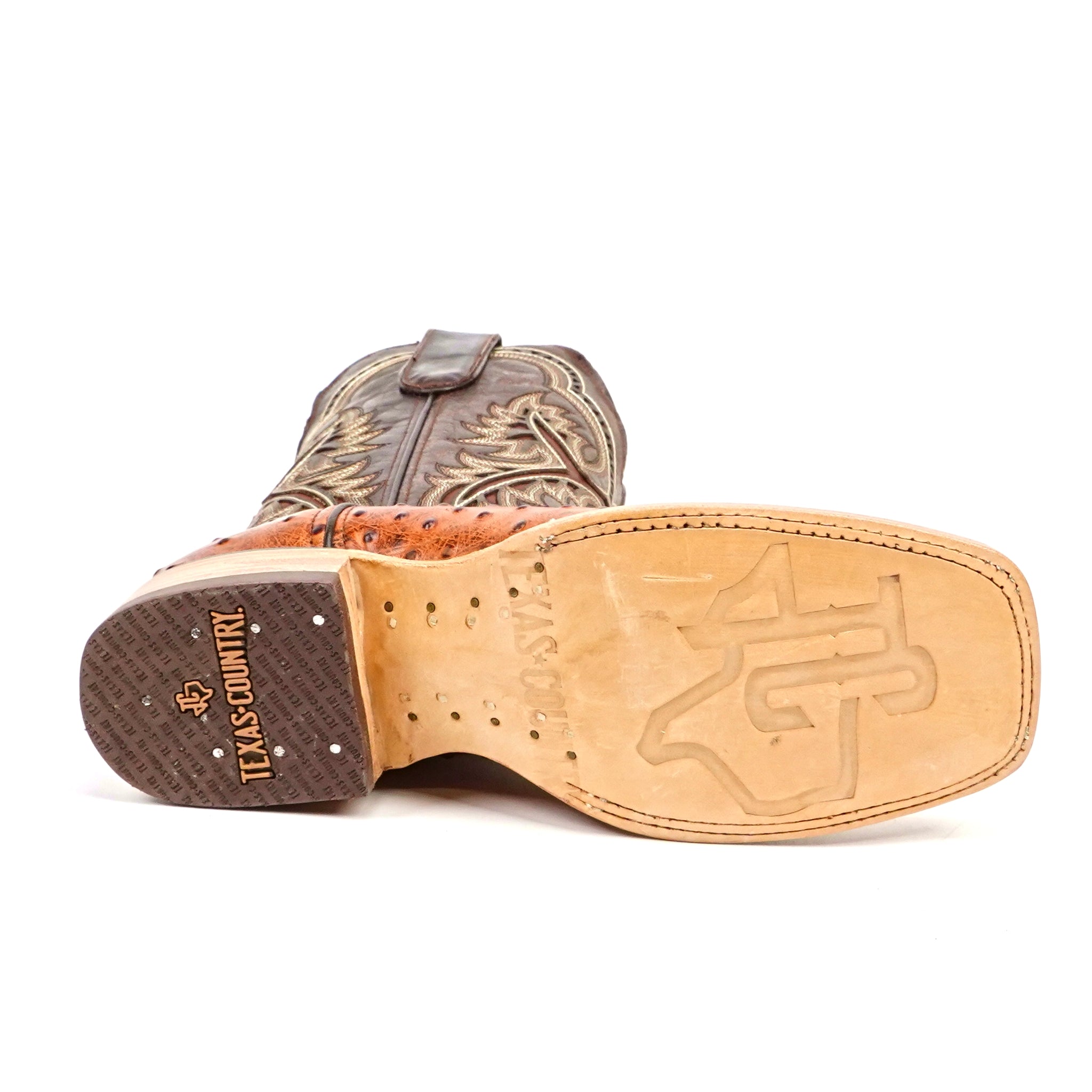 Ostrich Cognac Cowboy Boots - Embossed Leather - Square Toe (E424)