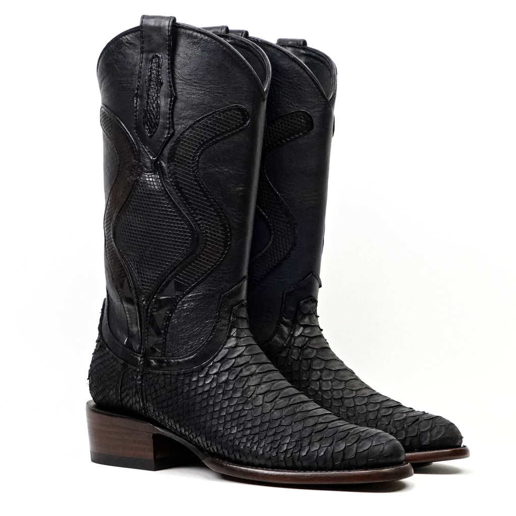 Tanner Platinum Python Boots - Matte Black - Roper Toe
