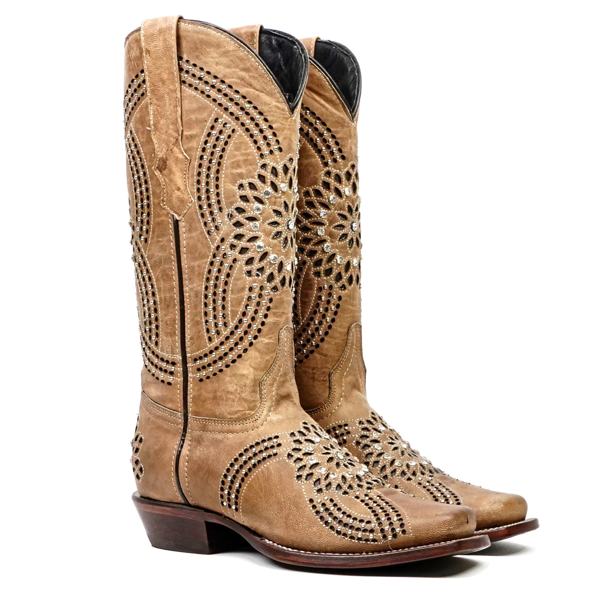 Flor - Botas vaqueras de pedrería Fawn - Caña media - Punta cuadrada estrecha (E749)