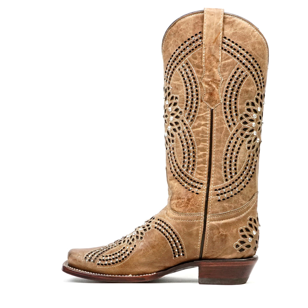 Flor - Botas vaqueras de pedrería Fawn - Caña media - Punta cuadrada estrecha (E749)