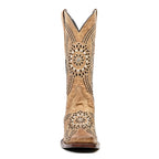 Flor - Botas vaqueras de pedrería Fawn - Caña media - Punta cuadrada estrecha (E749)