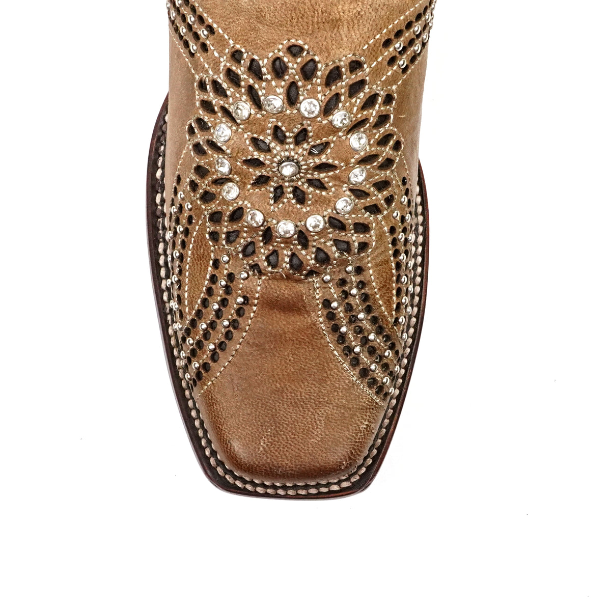 Flor - Botas vaqueras de pedrería Fawn - Caña media - Punta cuadrada estrecha (E749)