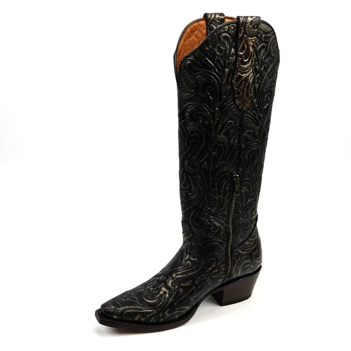 Black embossed cowboy boot on a white background