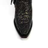 Black leather boot with intricate gold embroidery on a white background