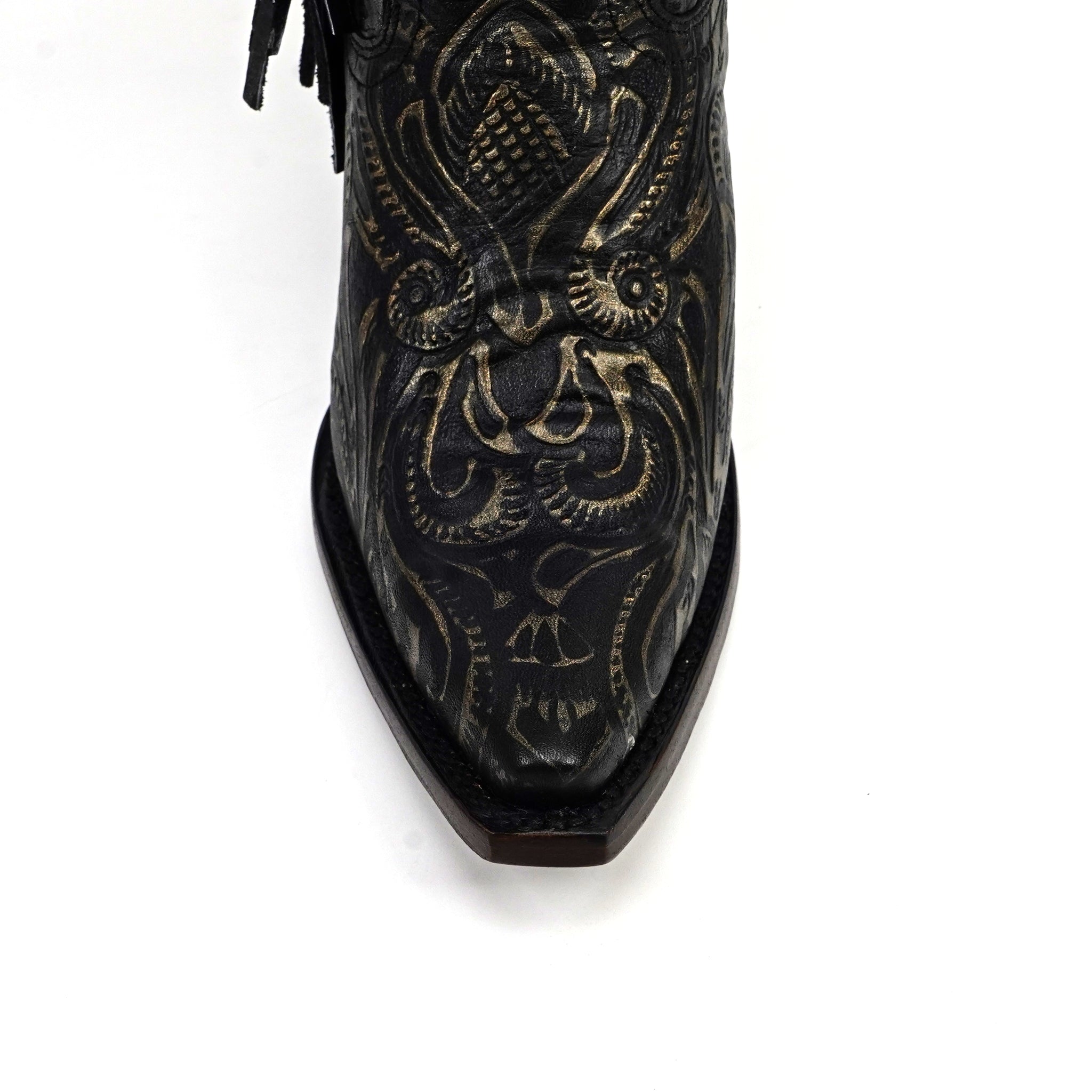 Black leather boot with intricate gold embroidery on a white background