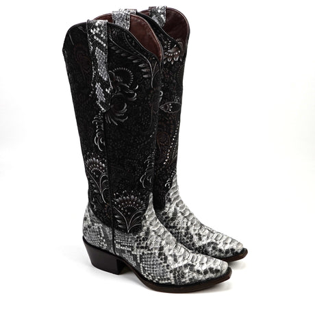 Black and silver patterned cowboy boots on a white background