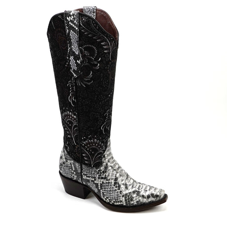Black and silver cowboy boot on a white background