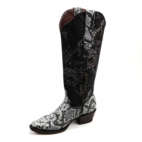 Black and white patterned cowboy boot on a white background