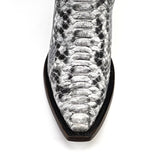 Close-up of a snake skin-patterned boot on a white background