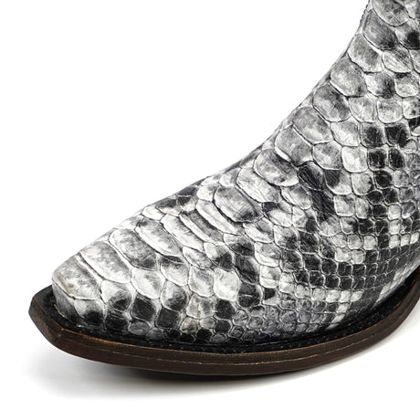 Close-up of a snake skin patterned shoe on a white background