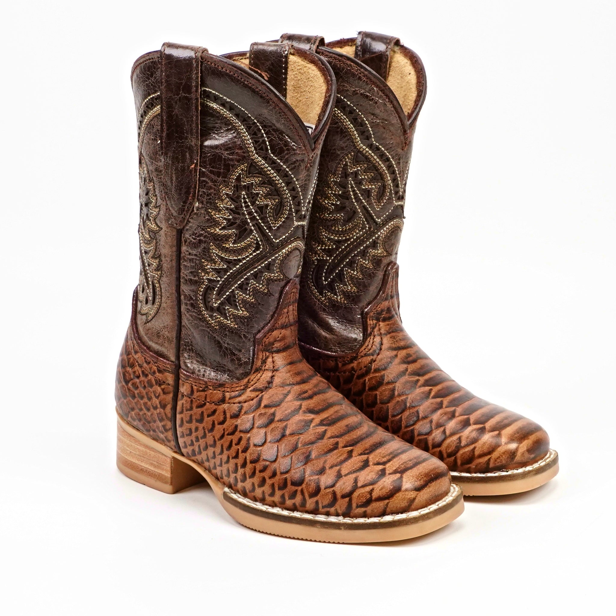 Chocolate Python - Embossed Leather Kids Boots - Square Toe (K11-1)