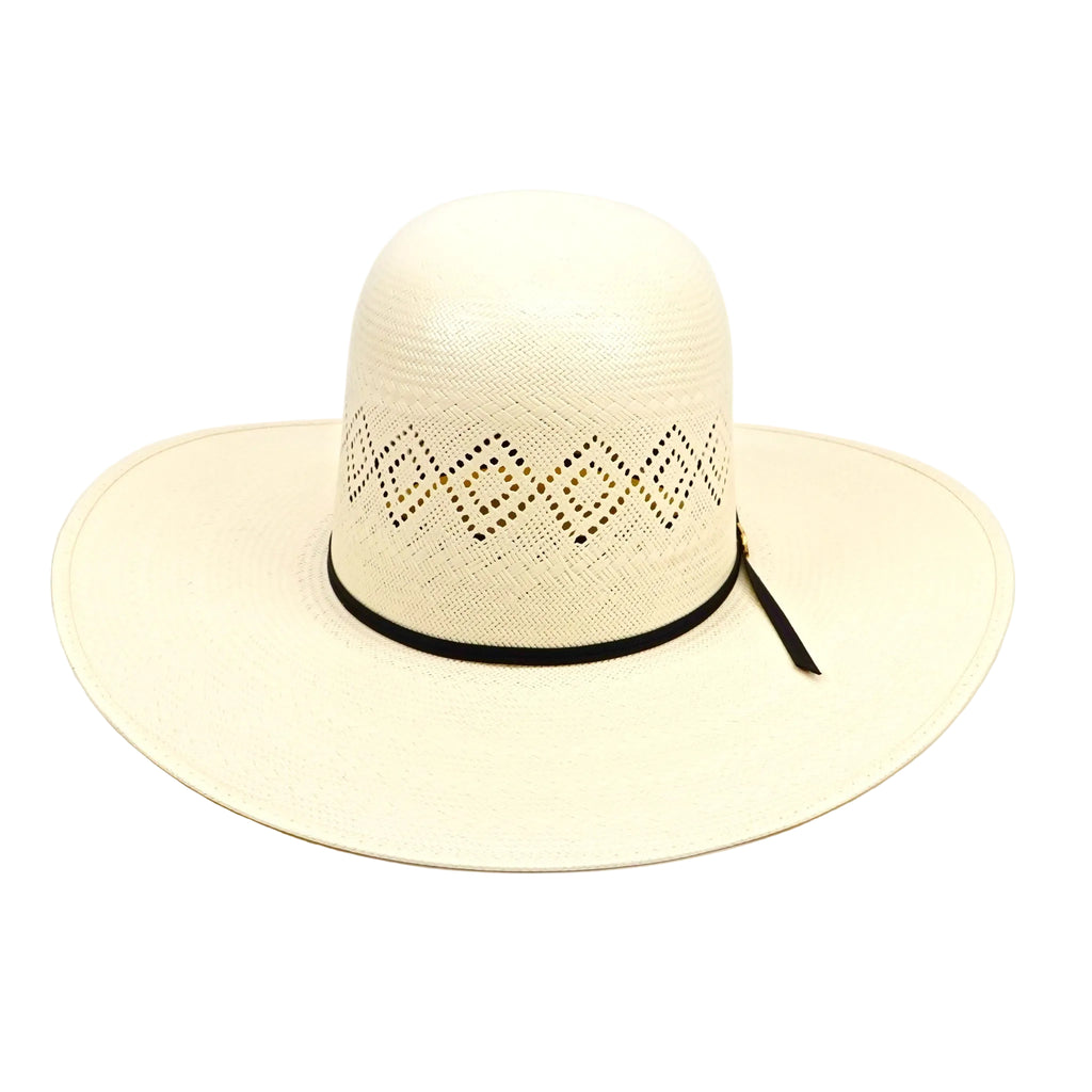 Beige straw hat with a wide brim on a white background
