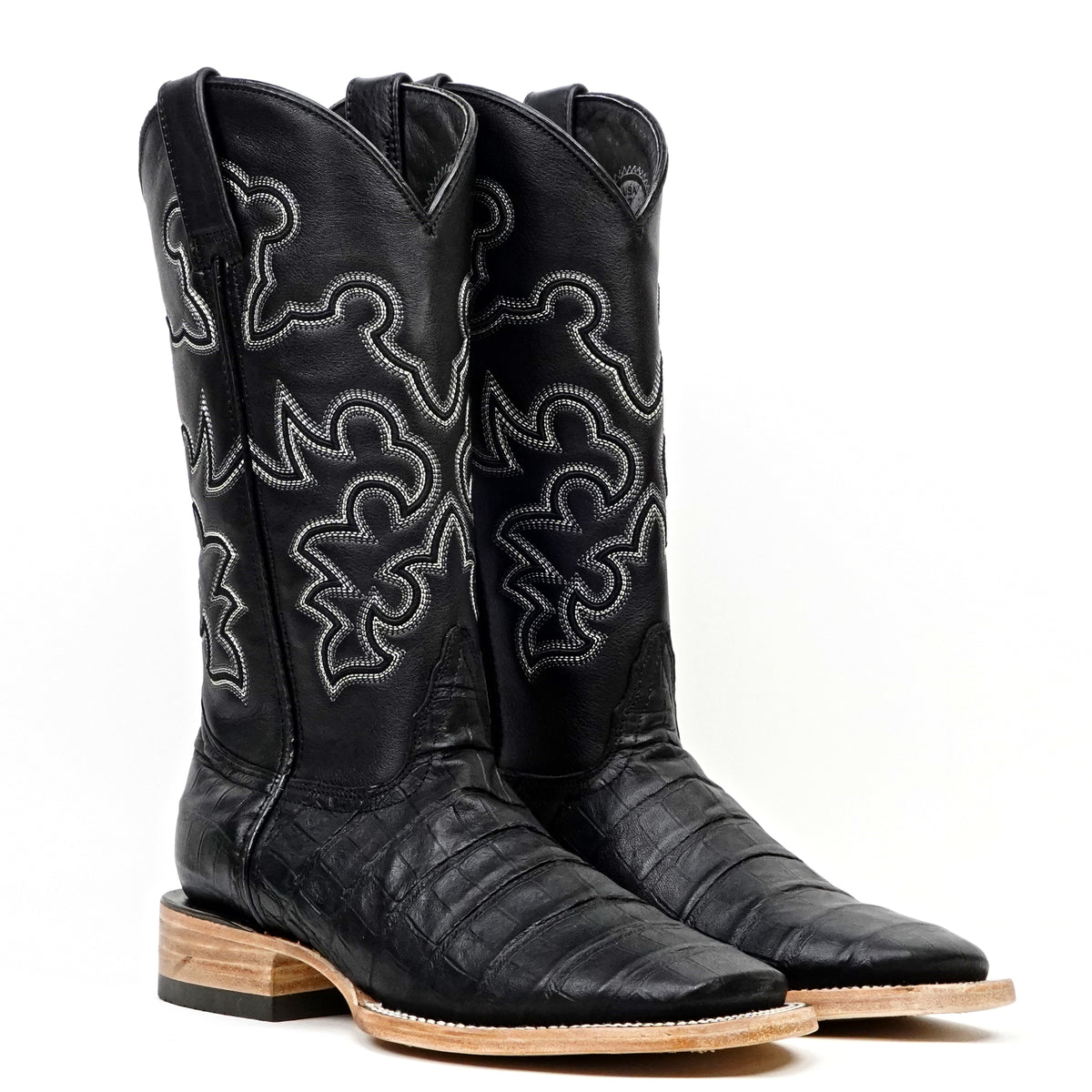 Caiman Belly Black Boots - Embossed Leather - Square Toe (E423)