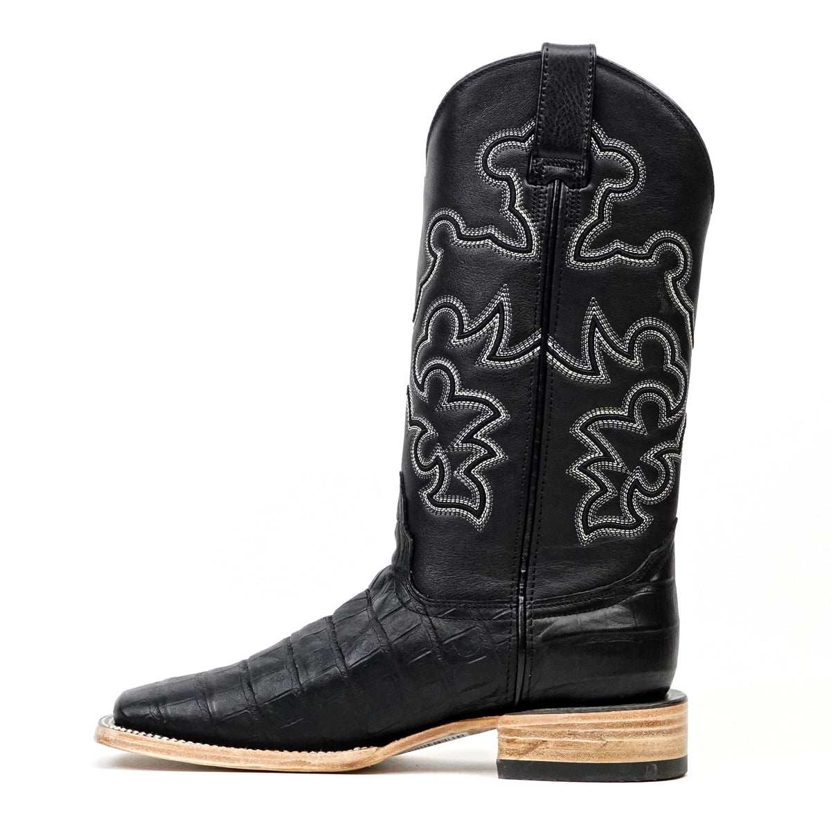 Caiman Belly Black Boots - Embossed Leather - Square Toe (E423)