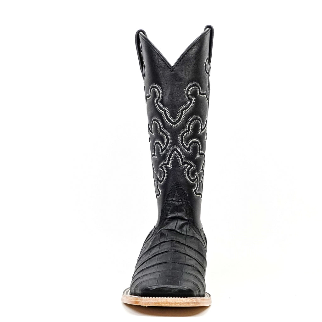 Caiman Belly Black Boots - Embossed Leather - Square Toe (E423)