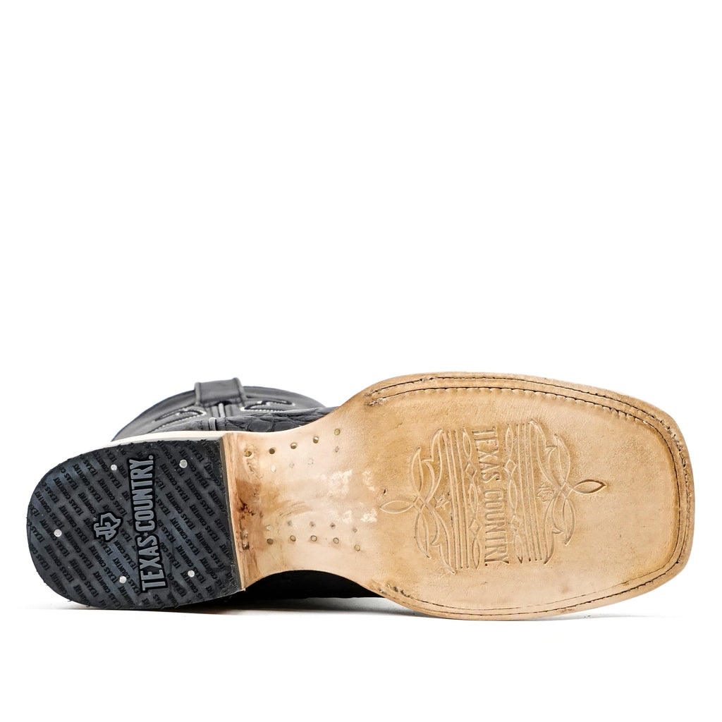 Caiman Belly Black Boots - Embossed Leather - Square Toe (E423)
