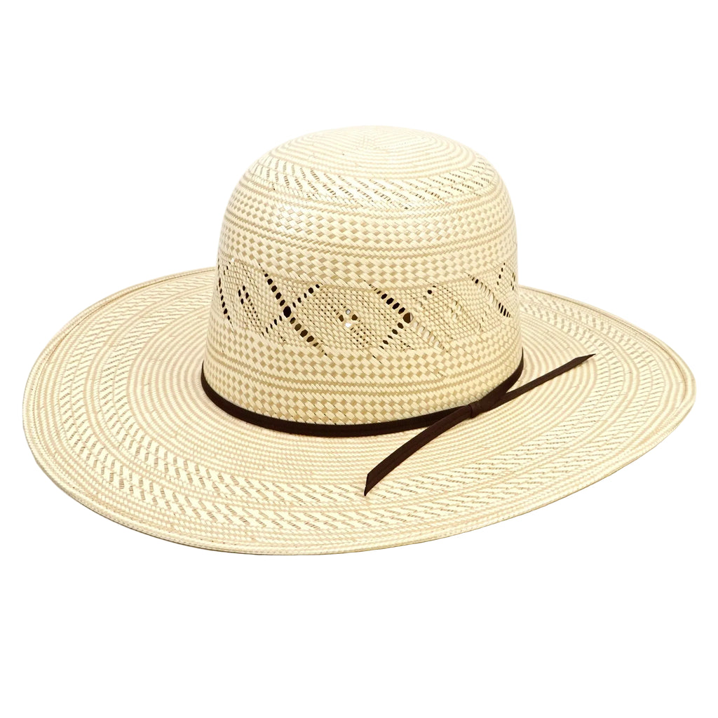 Beige straw hat with a black band on a white background