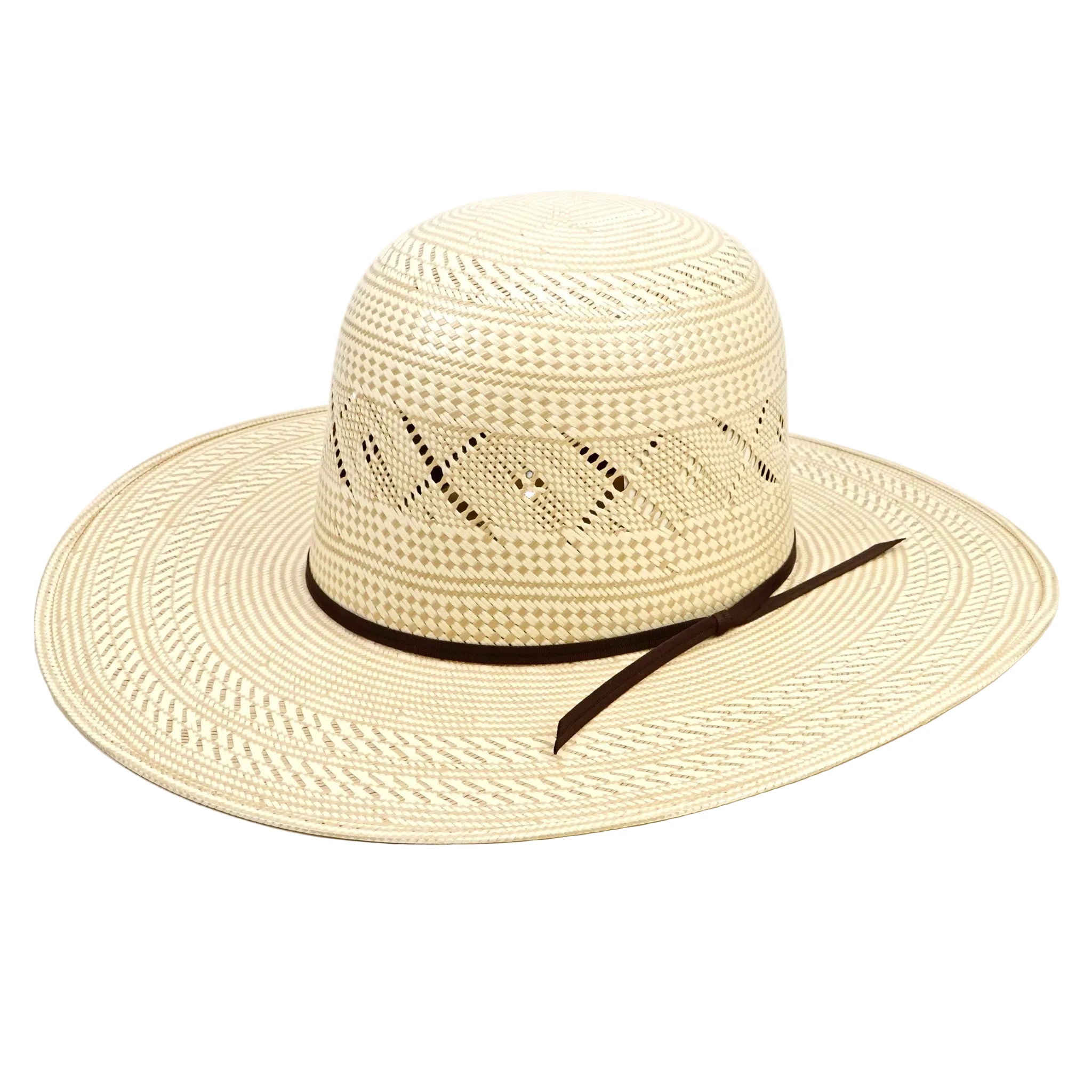 Beige straw hat with a black band on a white background