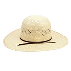 Beige straw hat with a wide brim on a white background