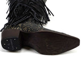Black fringe cowboy boot with detailed sole on a white background