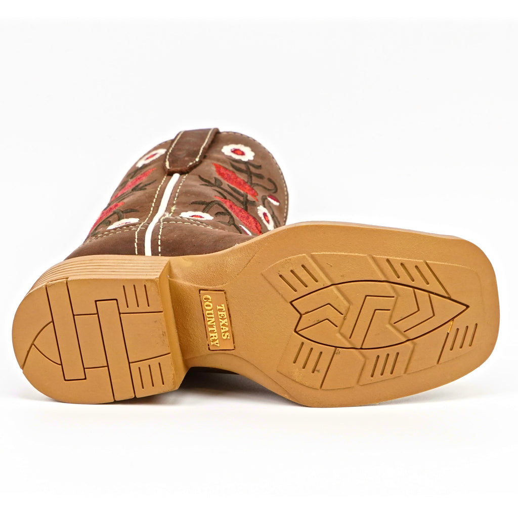 Kids Cowboy Boots - Brown Floral Shaft - Square Toe (TCK020)