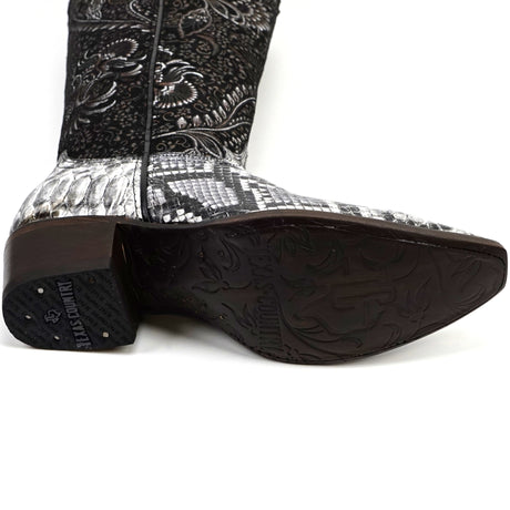 Close-up of a black and white patterned cowboy boot sole on a white background