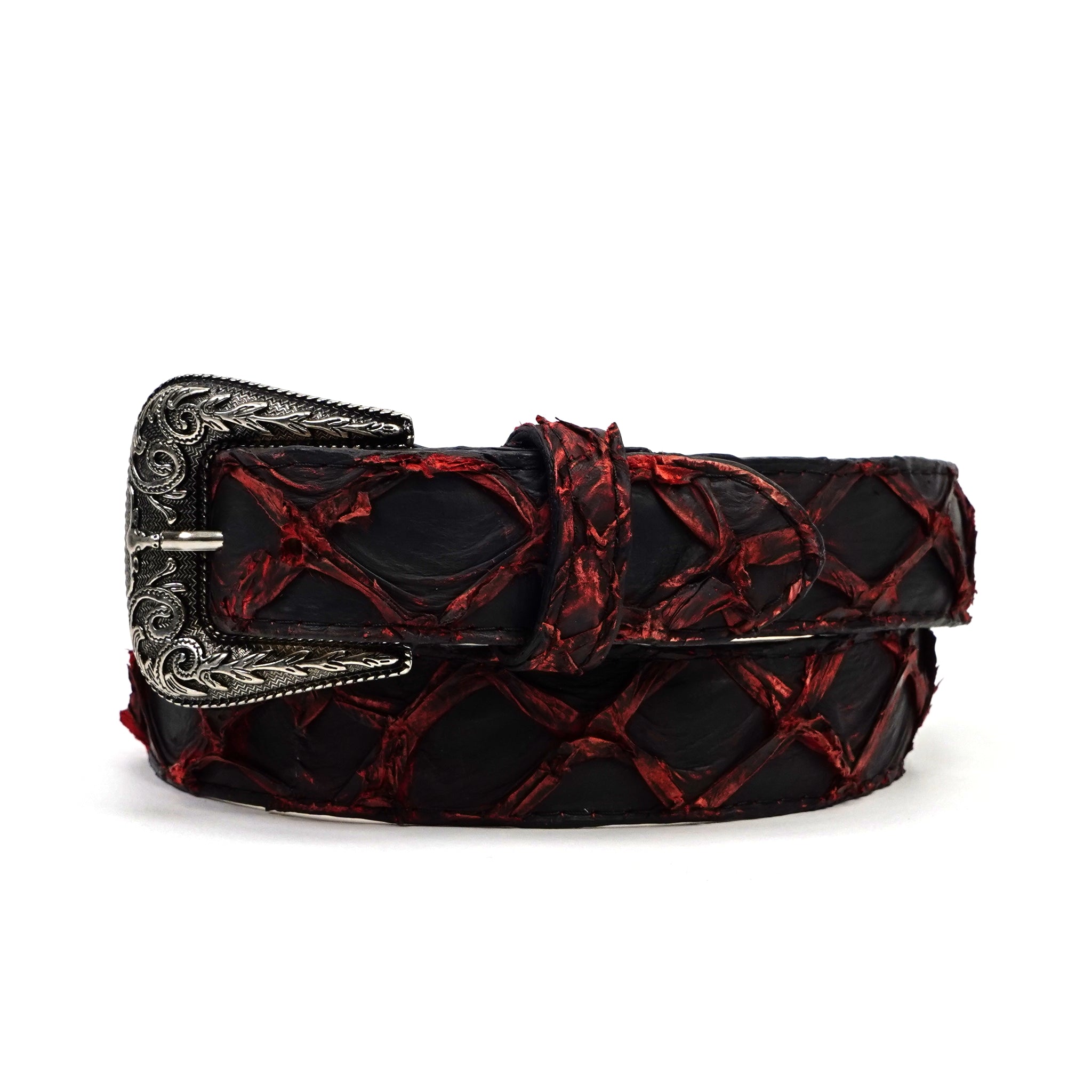 Exotic Full Quilt Pirarucu Belt - Red/Black (C-028)