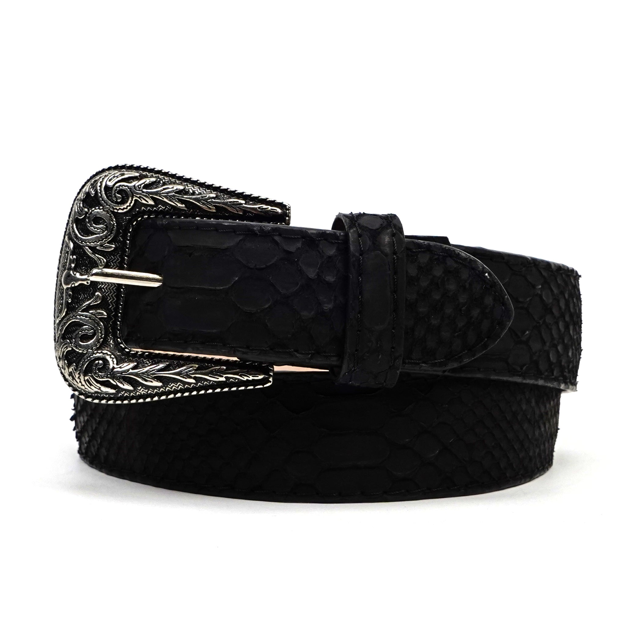 Cinturón Pitón Exótico de Cuero Acolchado Completo - Nubuck Negro (C-028)