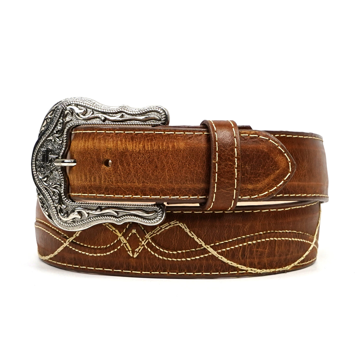 Stitched Cowhide Belt - Honey Brown (C-V4301)