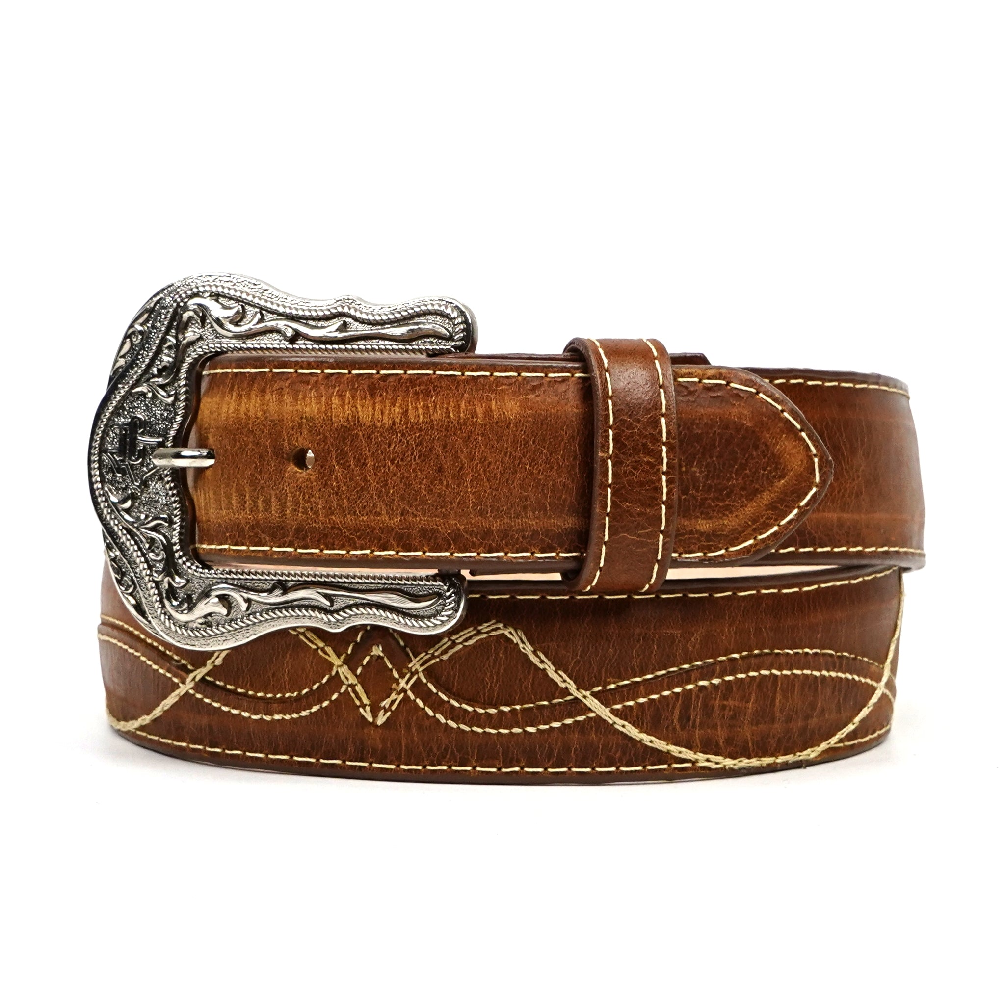 Stitched Cowhide Belt - Honey Brown (C-V4301)