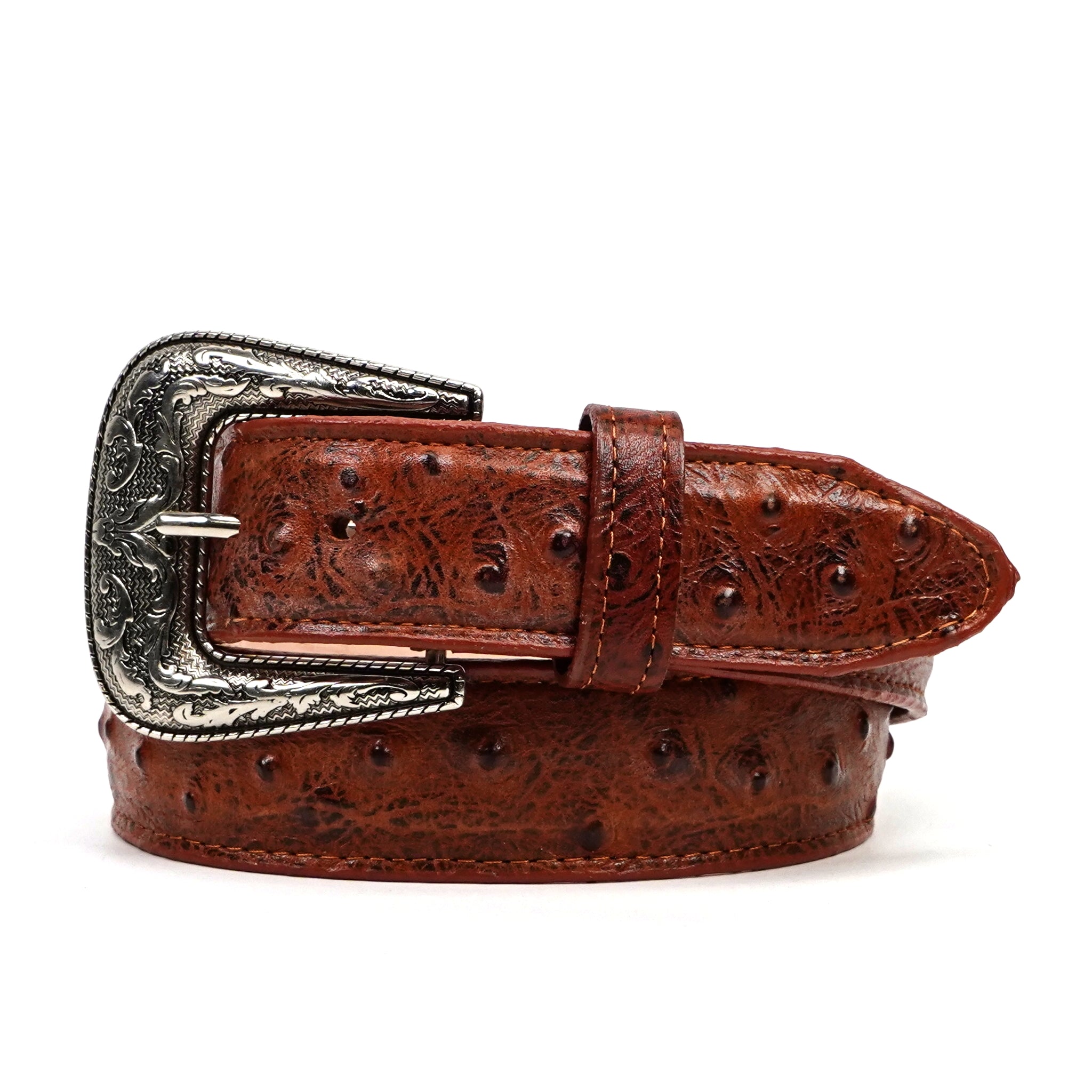 Ostrich Embossed Leather Belt - Cognac (C-IMI)