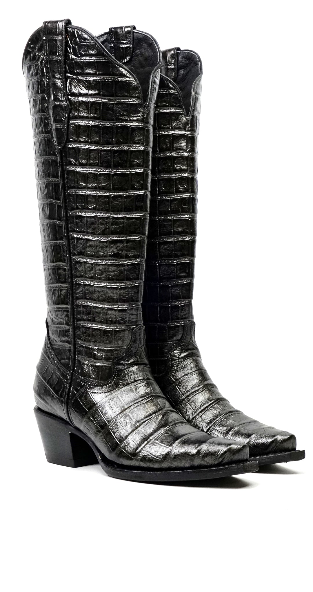 Venus - Botas grises de piel de cocodrilo - Piel repujada - Punta fina (E874)