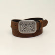 The Ariat Womens Brown Rhinestone Filigree Belt A10006944 features a coiled brown leather design with an ornate silver buckle, intricate swirling patterns, and embossed floral designs, showcasing a distinct western style perfect for womens belts.