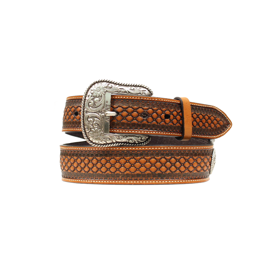 The Ariat Western Mens Leather Belt, model A1013248, exudes rugged elegance with a basketweave pattern and ornate floral conchos. Its brown texture embraces Western heritage, making it an ideal addition to mens leather accessories.