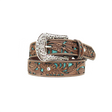 The Ariat Western Womens Belt, model A1513402, is a brown leather belt featuring intricate floral embossing, a detailed silver buckle, turquoise inlays, rhinestone embellishments, and a western style that showcases its artistic craftsmanship.