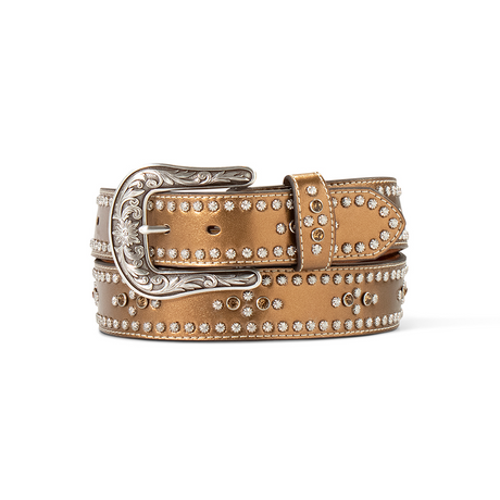 The Ariat Western Womens Belt, crafted in brown leather with shining rhinestones and an ornate silver buckle, exudes a western flair and sophistication, making it a standout addition to any outfit.