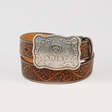 The Ariat Mens Etched Silver Buckle & Brown Genuine Leather Floral Tooled Belt - A1020467 combines rugged elegance with intricate floral patterns and a large, engraved silver buckle, reflecting Western heritage.